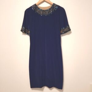 Bob Mackie Cocktail Dress Sz 6 Navy Blue Beaded Sequin Sheath Vintage Glam